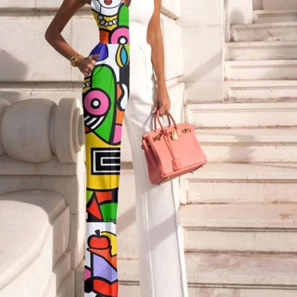 Elegant Print Lady Party Jumpsuit Dress Sexy Halter Off Shoulder Office Romper W - Picture 3 of 3